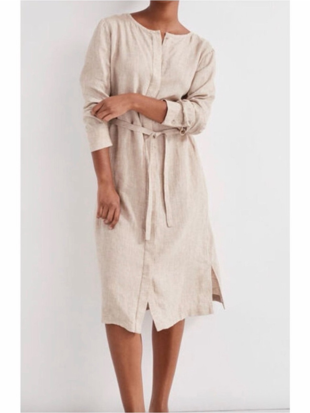 Lightweight Taupe Linen Long-Sleeve Tie-Waist Dress
